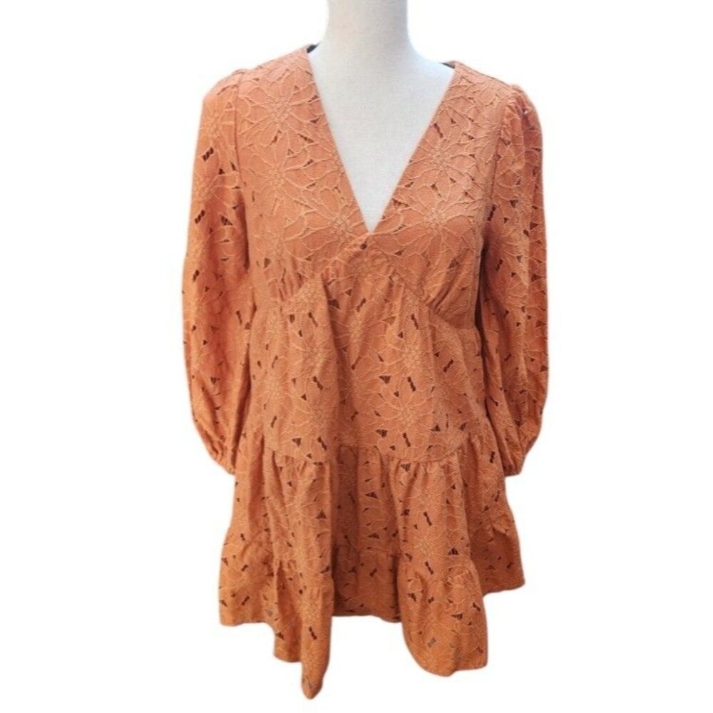 A.Calin by Flying Tomato Burnt Orange Eyelet Babydoll Mini Dress Lined Size S